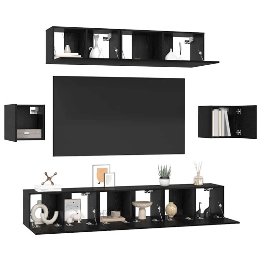 TV benksett 7 pcs Svart eik 80 x 30 x 30 cm Konstruert tre TV benksett 7 pcs Svart eik 80 x 30 x 30 cm Konstruert tre