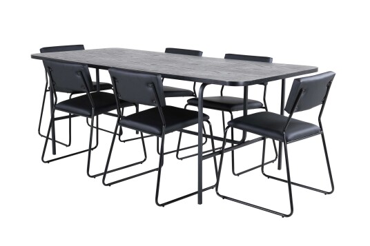 Venture Design Uno & Kenth spisegruppe Svart/svart 6 stoler & bord 200 x 90 cm