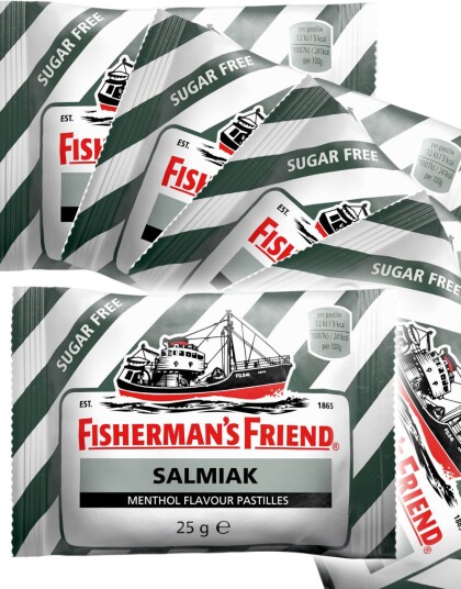 24 stk Sukkerfri Fisherman"s Friend med Smak av Salmiak 25 g   Hel Eske