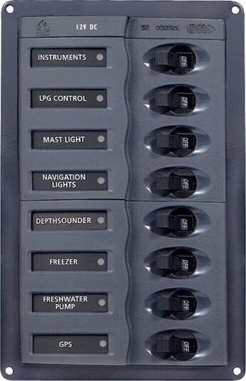 BEP Strømpanel, 8 kontakter & automatsikringer, LED-indikator, 12V, 200 x 127 x.65 mm