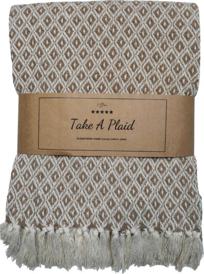 Home Tex Bomullspledd 100% resirkulert bomull 130x180 cm hvit med beige mønster Home Tex Bomullspledd 100% resirkulert bomull 130x180 cm hvit med beige mønster