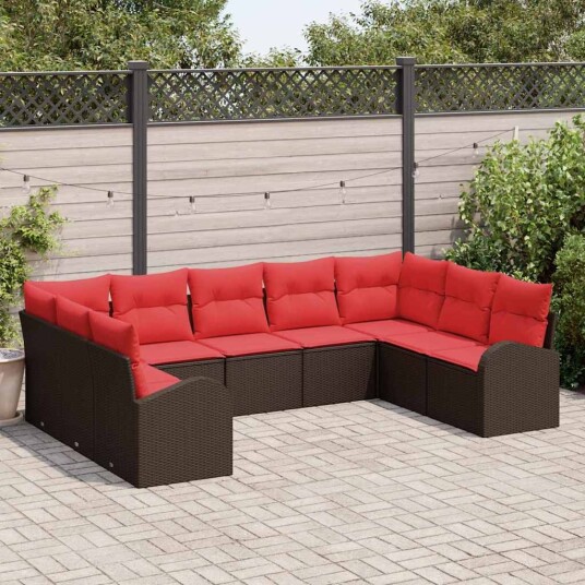 vidaXL Hagesofa Set med pute med lagring 9 pcs Brun og rød polyrotting