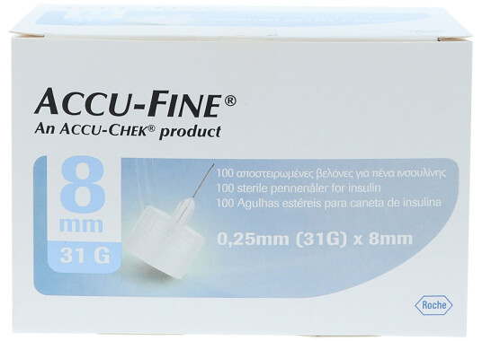 Accu-fine Pennekanyler til insulinpenner, 31G 8mm (0,25mm x 8mm), 100 stk