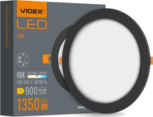 Videx 12W sort LED innfellingspanel 1350lm 4000K Hull: Ø2,7 cm 120 grader beam angle Kulør : Nøytral Videx 12W sort LED innfellingspanel 1350lm 4000K Hull: Ø2,7 cm 120 grader beam angle Kulør : Nøytral