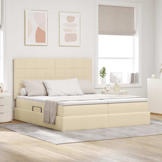  LED lagringseng med madrass Creme 200 x 200 cm Stoff