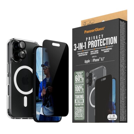 PanzerGlass iPhone 16 3-i-1 Beskyttelsessett med Privacy-glass og HardCase