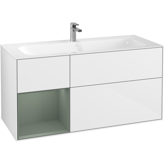 VILLEROY & BOCH FINION SERVANTSKAP 120 HVIT HØYGLANS LAKK EMOTION-LYS, VENSTRESTILT OLIVENGRØNN HYLLE