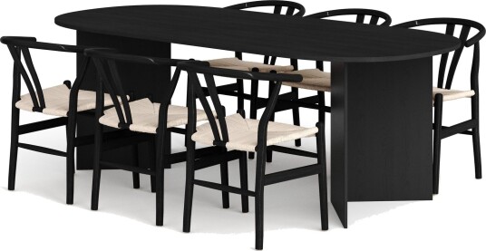 Vera spisegruppe rektangulær 220 cm svart med 6 Dastoori spisestoler Svart