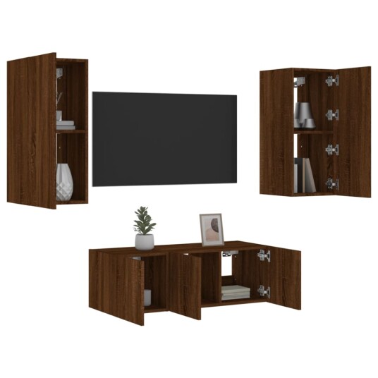 vidaXL Vegghengte TV-enheter med LED 4 deler brun eik konstruert tre 8721012472259