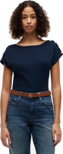 Tommy Hilfiger Gold Btn Cap Slv Boat Nk Tee   Navy   L