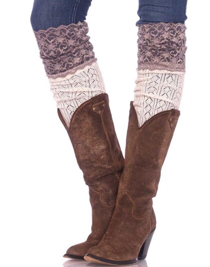 Over Knee Strømper i Beige med Grå Blondekant