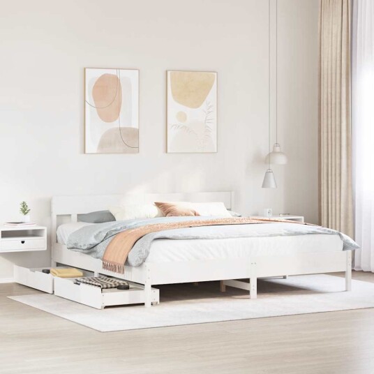  Sengeramme med madrass hvit 200x200 cm heltre furu 8721102942440