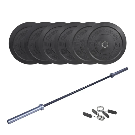 Crossmaxx CF Vektstangsett (60 kg skiver + 20 kg vektstang). Perfekt for crossfit og styrketrening Crossmaxx CF Vektstangsett (60 kg skiver + 20 kg vektstang). Perfekt for crossfit og styrketrening