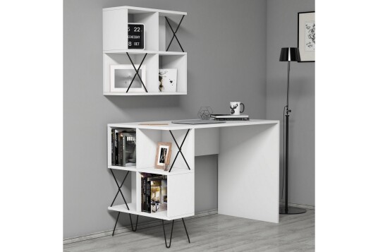 Skrivebord Amtorp 120 cm med Oppbevaring Hylle + Bokhylle Li Hvit/Svart