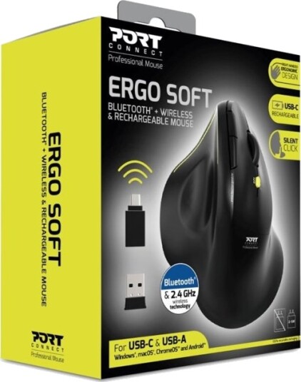 Port Connect Professional Ergo Soft Ergonomisk Høyrehendt Optisk Trådløs Bluetooth Mus 5 knapper 910200