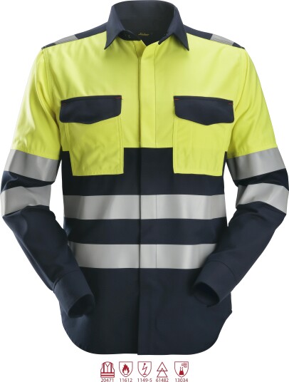 Snickers Workwear Skjorte 8560 ProtecWork Varsel, Gul/Marineblå XXL