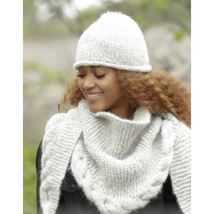 Winter Cozy by DROPS Design Lue og Sjal Strikkeoppskrift str S M L XL og 165x45 cm