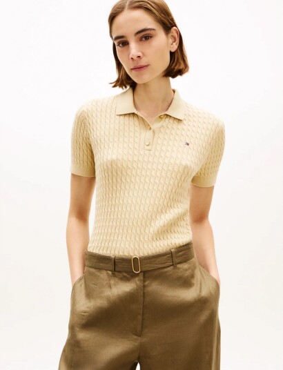 Tommy Hilfiger Co Cable Fine Gg Polo S/S Swt Beige XS Tommy Hilfiger Co Cable Fine Gg Polo S/S Swt Beige XS