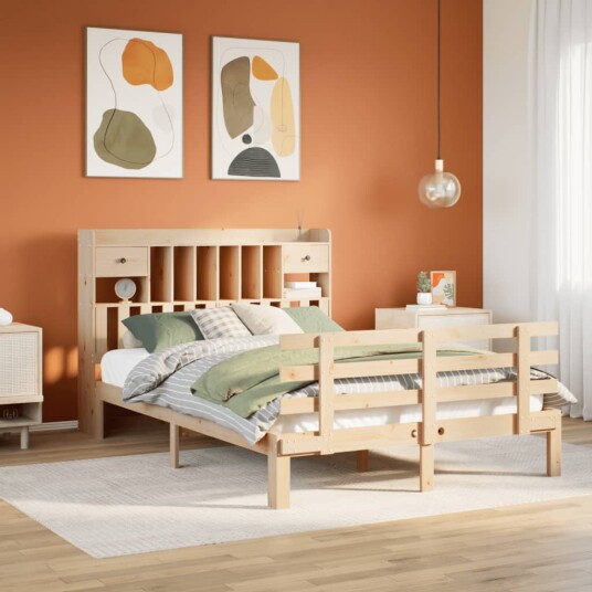 Seng med bokhylle uten madrass 140x200 cm heltre furu 8721158615831