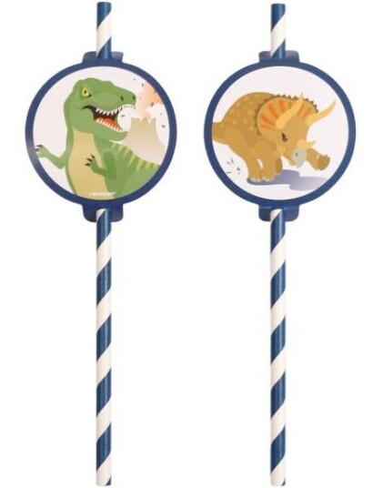 8 stk Stripete Papirsugerør Happy Dinosaur