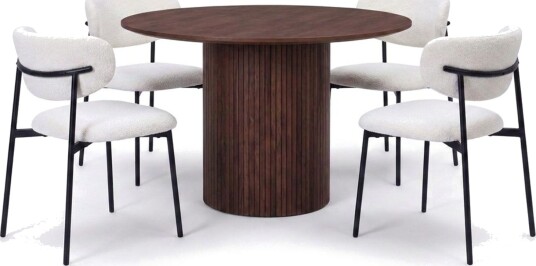 Spisegruppe Bark Kopparbo 110 cm Valnøtt Hvit bouclé/Metallben Svart Rund 4 Spisegruppe Bark Kopparbo 110 cm Valnøtt Hvit bouclé/Metallben Svart Rund 4