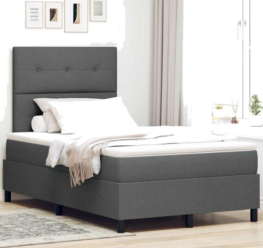 Box Spring Seng med Madrass Mørkegrå Liten Dobbelseng Stoff