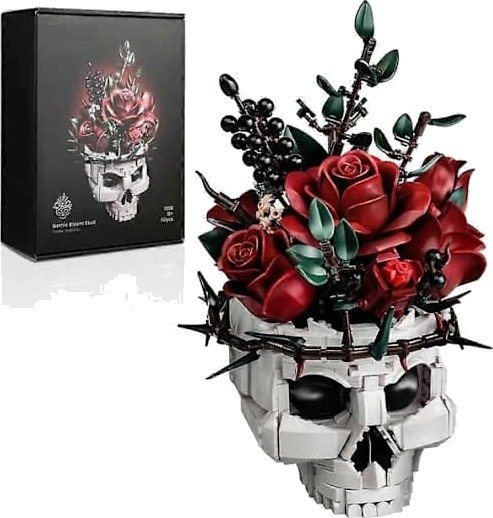 Skull Rose Bouquet Byggesett - Halloween Gotisk Skrekk Skjelett Potte Hjemmeinnredning - Kunstig Blomst Botanisk Samling Gaver