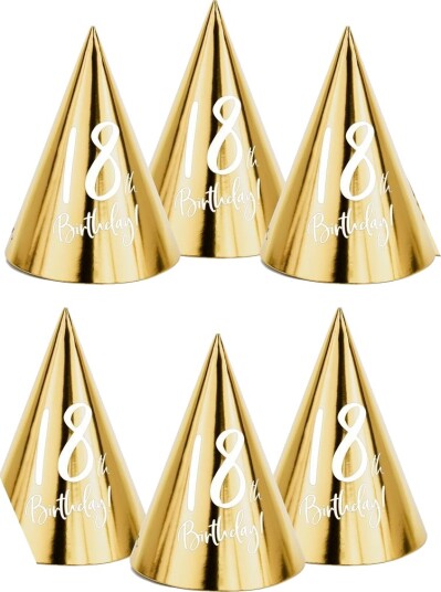 PartyDeco Partyhatter 18th Birthday Gull Metallic - 6-pakning PartyDeco Partyhatter 18th Birthday Gull Metallic - 6-pakning