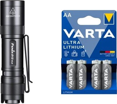 Fenix Lommelykt E12 V3.0 200 lm 82 mm 1 x AA med 4 Varta Ultra Lithium AA-batterier
