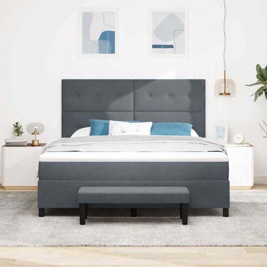  Box Spring Seng med Madrass & Benk Mørkegrå 180x200 cm Fløyel