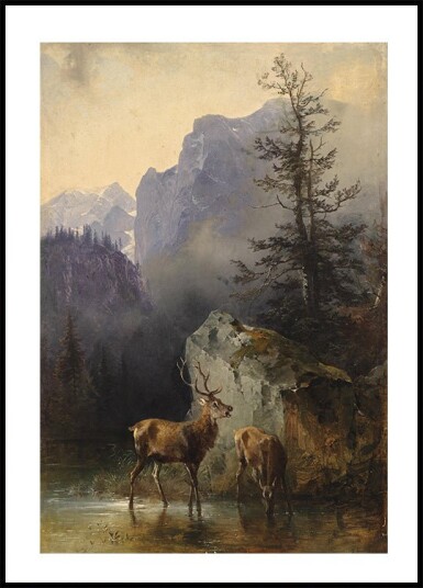 Hirsch Und Tier An Der Tränke By Friedrich Gauermann Plakat Plakat / 100x150cm