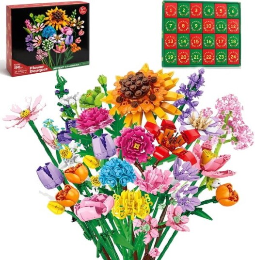Adventskalender 2026 – 24 delt byggeklossbukett med villblomster jule nedtelling for barn tenåringer og voksne