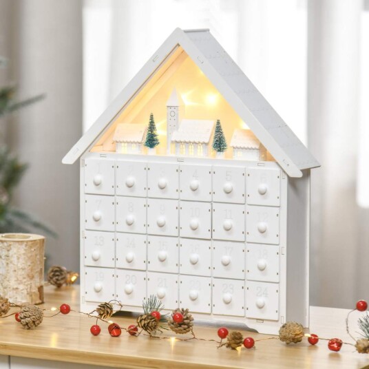 Julekalender med LED-lys og 24 skuffer, hvit