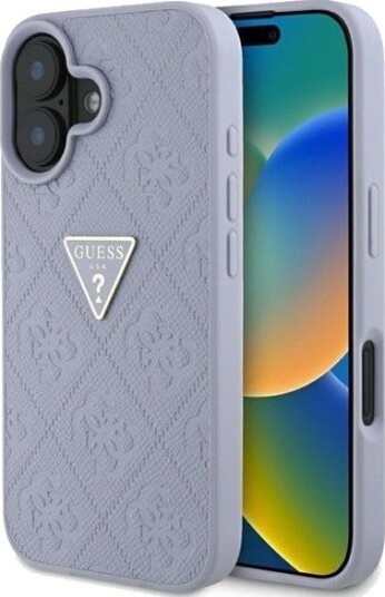 GUESS Hot Stamp 4G Pattern Triangle Metal Logo iPhone 16 Case - Purple