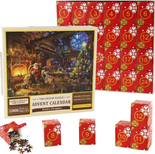 Puslespill adventskalender 2024 1008 puslespillbrikker 24 dager Peis Åpen peis Puslespill PEIS   Nedtelling til jul Julekalender