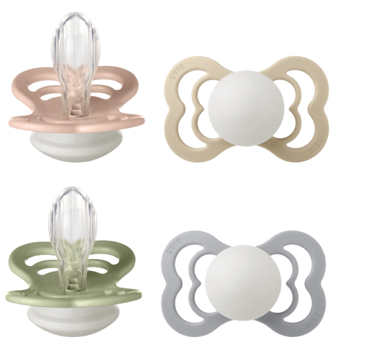 BIBS Pacifier Supreme 2x 2 PACK Blush/Vanilla GLOW & Sage/Cloud Glow Size 2