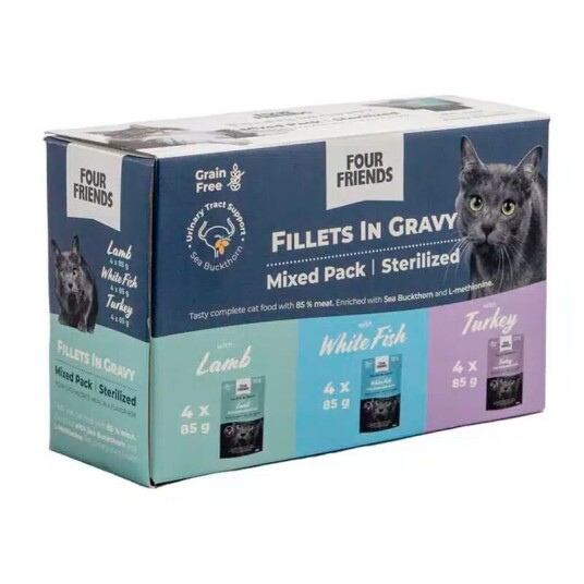Four Friends Våtfôr til Steriliserte Katter 12x85g med Lam og Hvit Fisk Four Friends Våtfôr til Steriliserte Katter 12x85g med Lam og Hvit Fisk