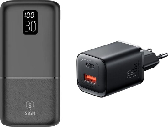 SiGN Powerbank 30000mAh med vegglader 30W Svart