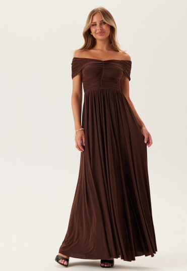 Goddiva Bardot Rouched Maxi Split Dress