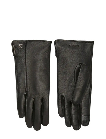 Calvin Klein Metal Ck Leather Gloves - Black - S/M