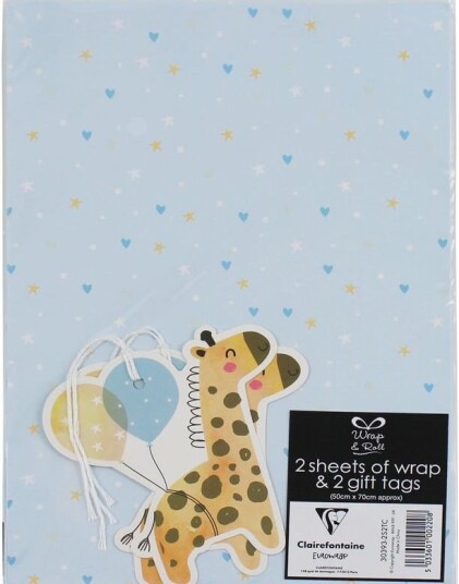 2 stk Baby Boy Sjiraff Gavepapir med 2 stk Navnelapper 50x70cm