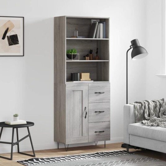  Highboard grå sonoma 69,5x34x180 cm konstruert tre