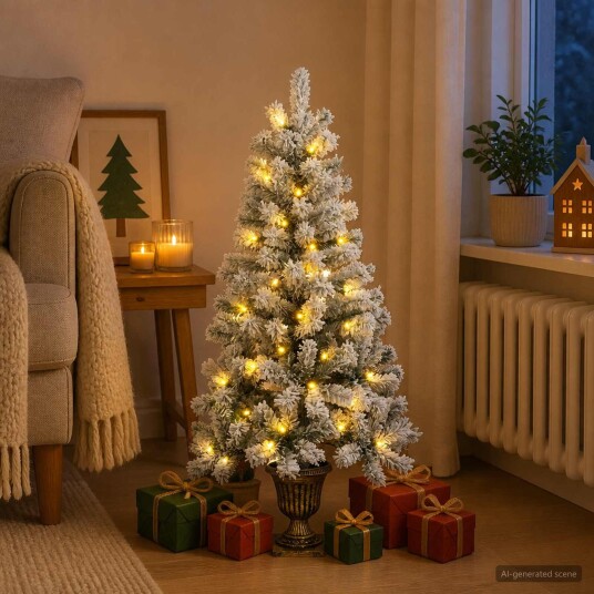vidaXL Flokket mini-juletre 120 cm 100 LED-lys Varmhvit PVC