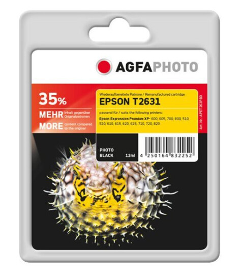 Agfaphoto - 12 Ml - Fotosort - Kompatibel - Blister - Gjenfabrikert - Blekkpatron (Alternativ For: Epson 26Xl Epson C13t26314010 Epson T2631) - For Epson Expression Premium Xp-510 520 600 610 615 620 625 710 720 800 810 820