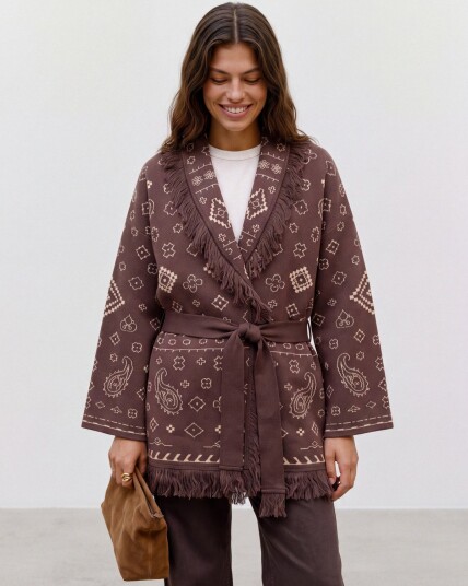 Vero Moda Scarlette Long Sleeve Tassle Jacquard Cardigan Brun M