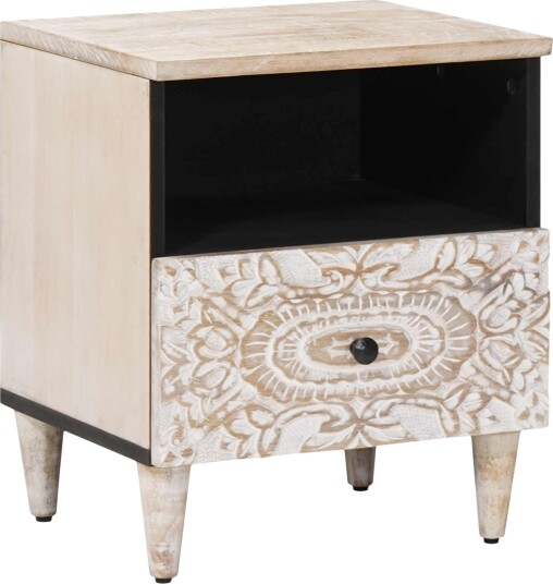  Sengekabinett med skuff Hvit 40 x 33 x 46 cm Massiv mango tre