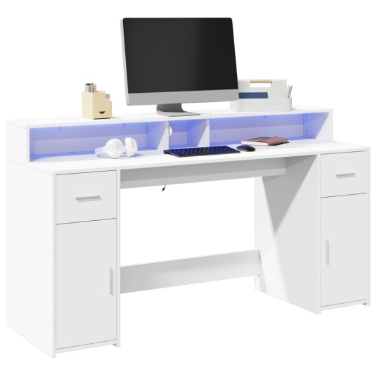 Skrivebord med LED-lys hvit 160x55x91 cm konstruert tre