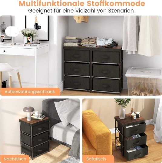 Nattbord med svart metallramme – 3 stoffskuffer 40x30x62 cm