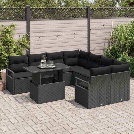 Hagesofa Set med pute 9 pcs Svart polyrotting