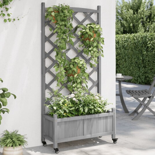  Plantekasse med espalier og hjul grå heltre gran